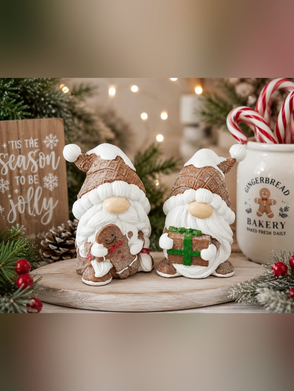 Set of 2 Christmas Gnome Figurines Gingerbread Cookie & Present Holiday Decor